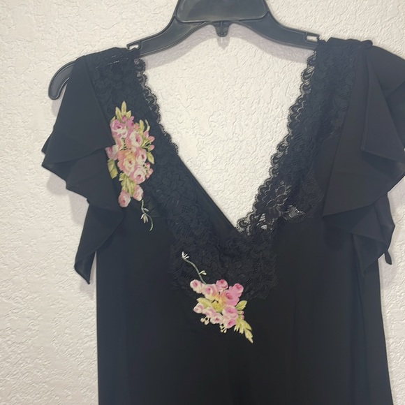 VINTAGE OSCAR DE LA RENTA BLACK DRESS LIGHTWEIGHT EMBROIDERY &LACE V NECK M - Picture 3 of 8